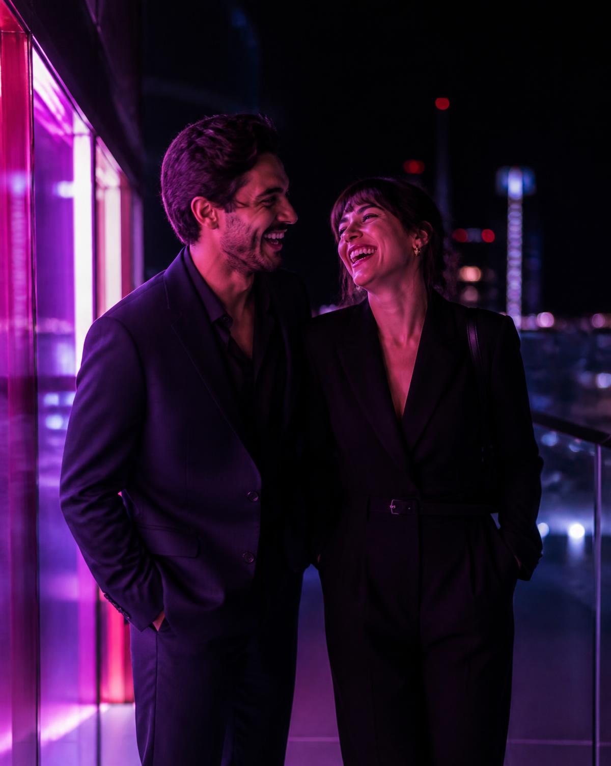 Two adults laughing together on a bright rooftop